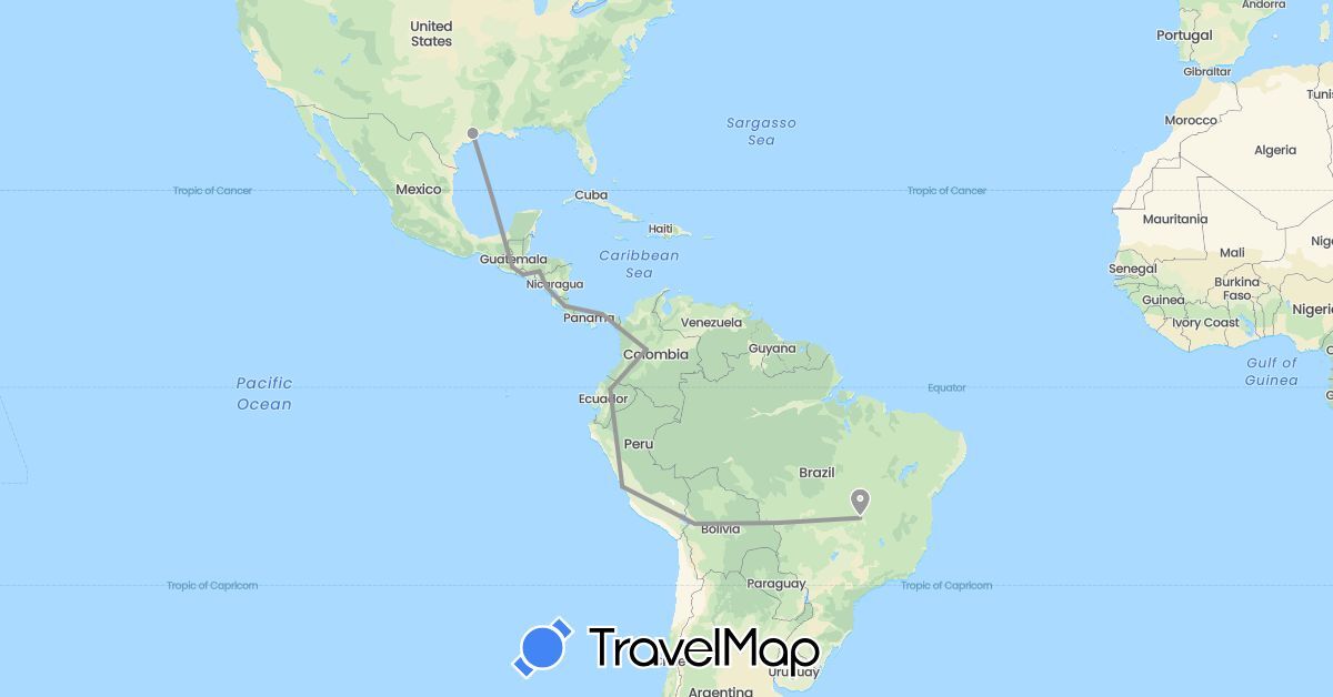 TravelMap itinerary: plane in Bolivia, Colombia, Costa Rica, Ecuador, Guatemala, Honduras, Nicaragua, Panama, Peru, El Salvador, United States (North America, South America)